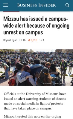 antoinebanks:  Just in case you guys weren’t aware of what is currently going on at Mizzou…There has also been reports of KKK members on campus with metal rods and throwing bricks into students Windows. The cops have been informed and have yet to