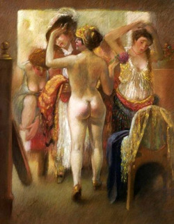 books0977:  The Dressing Room. Jakub Obrovsky (Czech, 1882-1949). Pastel. Pastel interior scene shows a number of women dressing into fancy costumes. One woman has yet to finish dressing and is nude to the viewer. Obrovsky painted for the Dr. Josef