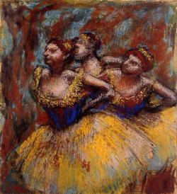artist-degas:  Three Dancers. Yellow Skirts, Blue Blouses by Edgar DegasSize: 56.5x50.8 cmMedium: pastel