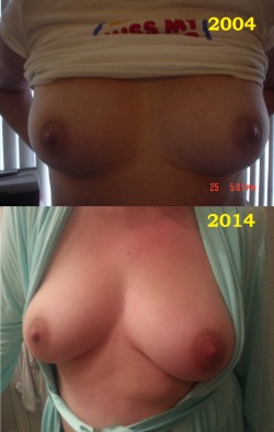 sharingwifefl:  my milf wife’s boobs, ten years and two kids apart…which do you like better? Reblog if you like REAL milfs 