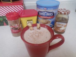 I used these ingredients in my hot chocolate and it&rsquo;s fucking amazing so here you go. You will need : -Swiss Miss hot chocolate powder -caramel syrup -Cocoa powder -sprinkle of cinnamon -milk Heat a mug of milk til it&rsquo;s hot. Add two spoons