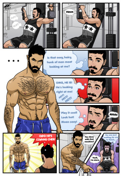 fearonart:  Don’t you hate when this happens to you at the gym! xP Well page 1 that is.This is a little 2 page comic I made for the french fanzine, Dokkun, a gay magazine that will be shown at Japan Expo, Europe’s biggest comic event in early July