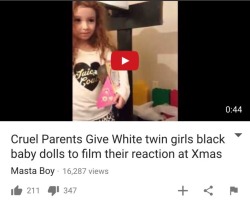 verylilpimpin:  ryeloaf:  pettywap:  jah-maican:  sotouchy:  dementorkissmycooch:  These parents are “cruel” but my mother was following the norm. These girls cry because of their Black dolls and I was supposed to beg for White baby dolls at their