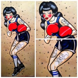 greasercreatures:  Another boxer commission, 9x11 watercolor. Sold. #pinup #boxer #art #tattooflash #tattooflashed #vintagehair #victoryrolls #pinupgirl #retro #tattoo 