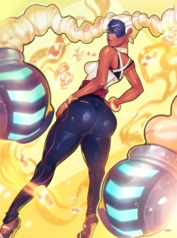 brown skin  ✓  light hair  ✓  wide hips  ✓  muscular legs  ✓  tights  ✓  high heels  ✓  big ass  ✓   It’s like they looked at the usual doujin tags and made a character out of that.I approve.