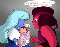 narootos:  rentonuzumaki requested:   hmm what about Sapphire trying to hand over baby Steven to Ruby but Ruby being too nervous to hold him cause she fears she might hurt him   cue my feelings 