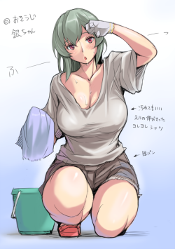 Gelbooru- Image View - 1girl :o blush breasts bucket cleavage cloth curvy kneeling large breasts long hair older one knee open mouth red eyes rozen maiden shoes shorts silver hair solo suigintou sweat t-shirt thick thighs thighs translation request tsuda