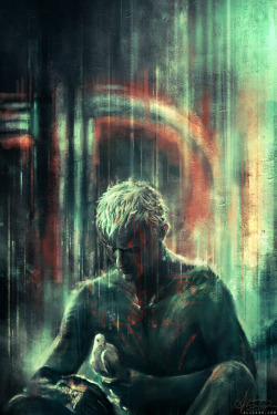 alicexz:  “All those moments will be lost in time, like… tears… in rain. Time to die…” – Blade Runner (1982) Painting (titled “Soliloquy”) from my solo show! Inspired by Rutger Hauer’s beautiful (and partially unscripted!) final scene.