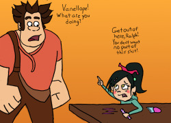 Vanellope tries to warn Ralph away from the hard stuff, a very different kind of Sugar Rush.  Based on that running gag from Walk Hard. Not the sink one:  http://www.youtube.com/watch?v=hJQ35sJzRkE  Courtesy of DrawFriend Sprakat.