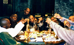 aintnojigga:  Jay-Z, The Notorious B.I.G., Abdul Malik Abbott, Kareem “Biggs” Burke, Dame Dash, and AZ on the set of Dead Presidents in 1996, in the classic dice game cut-scene.
