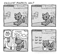 Always lap your coffee daintily.  kaseybriannewilliams:  Excellent Manners Wolf goes to his local coffee shop 
