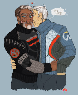 dovahbutt:  Christmas Dads with shiver Gabriel (that frosted moustache/beard is to die for). If anyone wants to knit me a soldier: 76 jumper for christmas i’d love you forever &lt;3 (this is for the anon who asked me to draw some more reaper76!) 