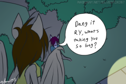 silversponystash:young canine silvy getting spooked by a random bat girl who is new to the neighborhood.he was told to show up at his friend’s house for a sleepover yet no one was home upon his arrival young love? or just some random cute bat girl scaring
