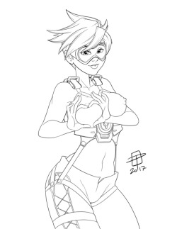 pinupsushi:Lineart commission for @stardragon77 of a Tracer Oppai Heart pose. ;9