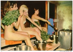  Finnish women in the sauna, via Delcampe.   