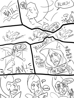evilsnotbag: yellowpearll:  evilsnotbag:  random bellow diamond doodle turned silly comic  I wanna know what happens after they adopt the puppy  this happens!!!  What about Kelly for a name? It means green!Also this killed me with the cute overload, espec