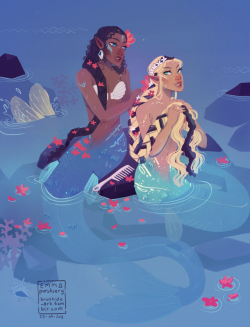 brontide-art: Mermaid gal pals doing each other’s hair 💕🐚 I hit 1300 followers on tumblr and 400 on instagram today!