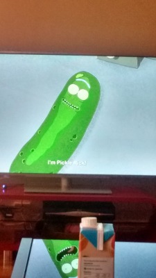 homophobic: arvoze: i took a pic of me watching the pickle rick episode to piss people off but like somehow i managed to take the pic so that the frame on the tv was…. a different frame to the reflection on the desk?  cursed image 