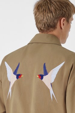 hausofloue:Stella Mccartney S/S 17 Menswear Collection. Brown Shacket with Embroidered Sparrows.
