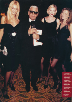 80s-90s-supermodels:  Karen Mulder, Karl Lagerfeld, Nadja Auermann &amp; Carla Bruni, mid 90s