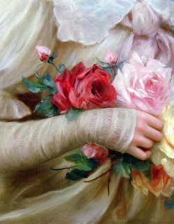 c0ssette:  Elegant lady with a bouquet of roses -detail- Emile Vernon (1872-1919) 