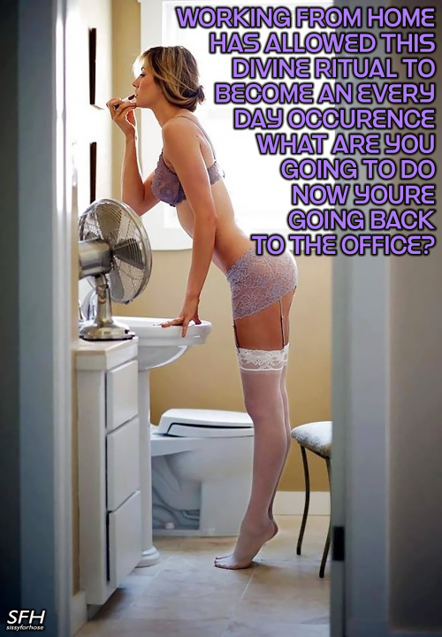 awesomeabbeygirl:sissyforhose:  Another sissy dilemma.   Can’t stop now! 🥰 No, I do not want to go back office, because I’m not what I want to wear 