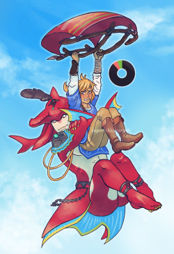 superhiki:  WHOOPS!Looks like indulging the giant Prince Sidon with a paraglider ride isn’t working out for Link. Carrying that huge Zora around is eating up his stamina… They both need to stick with swimming. 
