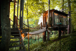 cjwho:  Treehouse, Atlanta, USA by Peter Bahouth | viaArchitect Peter Bahouth built a series of houses in the trees connected by wooden bridges in Atlanta. Inspired by his love for nature and his childhood memories of boyhood treehouses, environmentalist