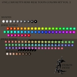  this set includes 126 simple color material files Browns X8 Dull Tones X60 Jewel Tones X48 Shades X10 The purpose of this set is to help the background and simple props match  the character when using the the Oni_casualty Semi Realistic Toon  Materials