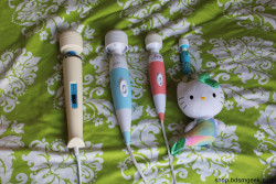 bdsmgeekshop:A comparison of the Bodywand Original, Fairy Wand Mini, and the Mini Bodywand. (Hello kitty and Hitachi Magic Wand and Glass O ring plug for reference)