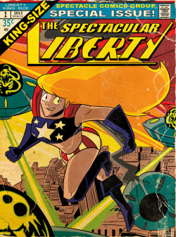 This was commissioned by this lady right here, and she wanted me to make a vintage comic book cover of her superhero character, Liberty. Thought it would be appropriate to upload this today, since it&rsquo;s the 4th of July! Huzzah! WELCOME TA EARFF ALIEN