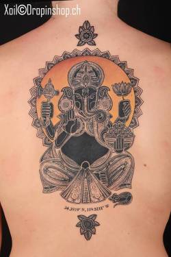 tattoofilter:  Ganesha tattoo on the back. Tattoo artist: Xoïl · Loïc Lavenu