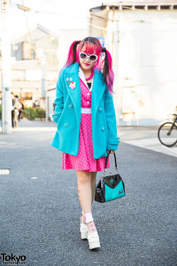 tokyo-fashion:  Lisa 13 from the Japanese rock band Moth in Lilac on the street in Harajuku with pink hair, a GRL coat, Sourpuss dress, and Sourpuss bag. We made a short Lisa 13 Documentary last year! Full Look