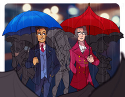 prospectkiss:  acedrawin: *slide whistle noise* Ahh, rainy days and UST lawyers - what more could I ask for? I’m a big fan of Edgeworth’s trenchcoat here, and the sharp-angled style. Lovely artwork!