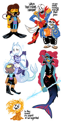 mtt-brand-undertale:  SO IF UNDERSAIL ISN’T A THING YET I’LL MAKE IT A THING I’M UNSTOPPABLE so yeah as i said, underwater au, Frisk is a diver, goatmom is a caprimom that makes a magic bubble of air for them, Flowey is a goddamn sea anemone, skelebros