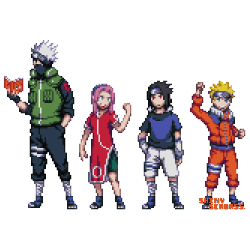 shinyseabass:  I was looking through my oldest Sprites (from back when I used to edit Sprites and not make them entirely from scratch). I challenged myself to remake Team 7, from Naruto, with my current skills. The top row consists of the newly