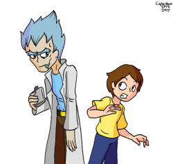 Rick and Morty, drawing in my own drawing style. I really like how this turned out. Rick kinda looks like Peter Capaldi.
