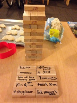 typical:  stairs-to-nowhere:  bloogue:  squidkneee:  t0nightweride:  candlejack:  parisheroinstars:  Making a Dirty Jenga.  Oh  need to play this omg  ok but lets talk about those cookies about to be baked  Must do before I die   I wanna playyy  fran