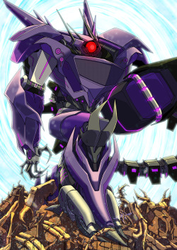 vanvanred:  Shockwave terrifies me, but he’s really fun to draw! David Sobolov is going to be a guest at autoassembly this year, so I wanted to celebrate the occasion. &lt;3  Gonna be available as a print at the convention, you can get it in A4 or