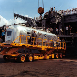 hacked up Airstream Apollo 11 Mobile Quarantine Facility Offloading of the Mobile Quarantine Facility from the prime recovery vessel, the U.S.S. Hornet,  July 24, 1969.