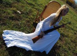 hick-ups:  Momma’s wedding dress, Dad’s Browning shotgun, and the rocking chair from my childhood. Photo of me by Eliza German.  