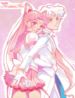 azurecomics:  - Neo Sailor Moon and The White PaladinI’m really liking how this turned out, Helios makes a very cute tuxedo man! On his forehead is the symbol for the sun. Chibusa is in her upgraded eternal form - not longer Sailor Chibi Moon, she’s
