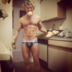 dwchase:  Come and get it…. Home maid buttermilk biscuits are ready!! #breakfast #home #dwchase #underwear #hairy #hairylegs #hairychest #chesthair #ginchgonch @officialginchgonch #curlyhair