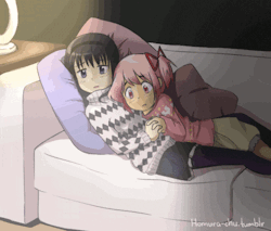homura-chu:  MadoHomu watching a scary movie when the electricity goes out! But at least they have each other. &lt;3(I am sorry for the terrible quality ; n ; )