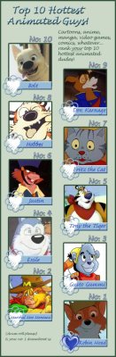 I saw this meme floating around, and I thought I would take a crack at it. So, behold: my top ten favorite sexy male toons. I only wish this meme would accommodate an even dozen; my runners-up are Wile E. Coyote and Clifford the Big Red Dog.All characters