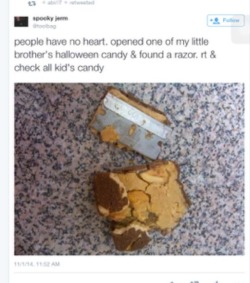 chicmedschool:  imkiwhereslevi:  dirkenglish:  phan-you-not:  thefrustratedxerneas:  turntnip:  check your candy!  &gt;do NOT have unwrapped goodies (ex. An apple, a gumball)&gt;do NOT have goodies distributed in a container that does not have the corresp
