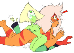 They’re wrasslin’ after sex, and Peridot shows Jasper the “disappearing finger trick”.I’d do this all the time if I had hands like hers, wouldn’t you?