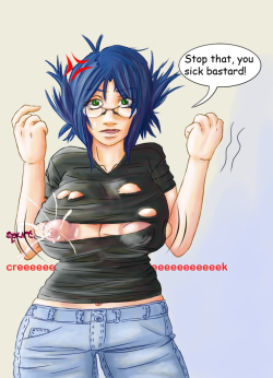 Using some strange magic, you slowly make her tits fill with milk, causing them to rip through her shirt. Artist: BEAvenger