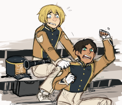 erenyeagerbomb:  eren gets too enthusiastic at football games and since mikasa has to sit with the tuba section at the back and armin and eren are at the front, armin’s the one that has to make sure he doesnt fall out of the stands (again)