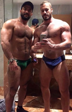 thumper339:  barebackmuscles:  #muscled #bear #bulge   Two hot, handsome, hunky, muscular dudes teasin’ in their suits.  HOT muscular thighs, guns, thighs, pecs!  YUM!